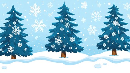Winter wonderland scene with snow-covered evergreen trees.  Snowflakes falling on a landscape of blue trees and white snow.  A border design.
