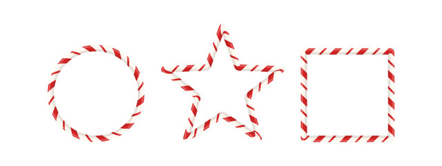 Candy cane frame set with red stripe pattern for xmas card or holiday photo. 3D border design with sweet oval, star, and rectangle shape. Vector banner.