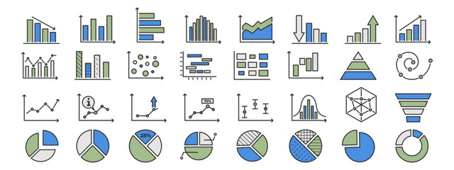 Business chart icon set with graph, statistic, line and bar diagram for finance or analysis. Pie graphics with horizontal and donut layout for data growth. Vector.