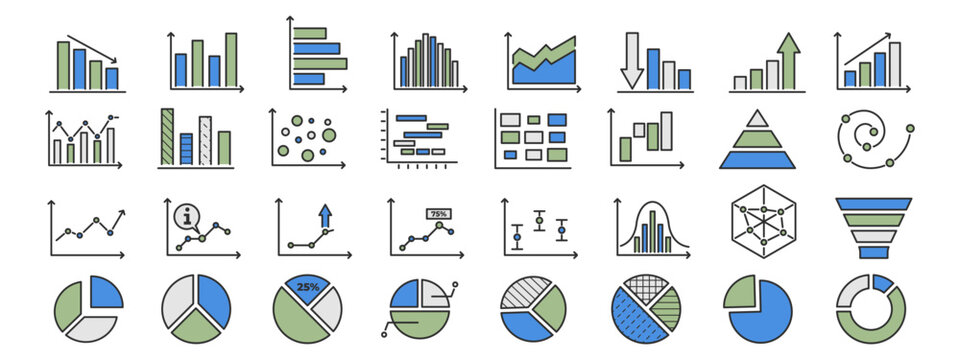 Business chart icon set with graph, statistic, line and bar diagram for finance or analysis. Pie graphics with horizontal and donut layout for data growth. Vector.