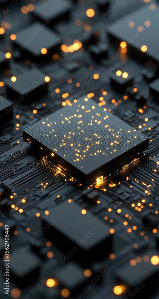 Leinwandbilder close-up of a circuit board with a central processor chip illuminated by glowing points of light. da