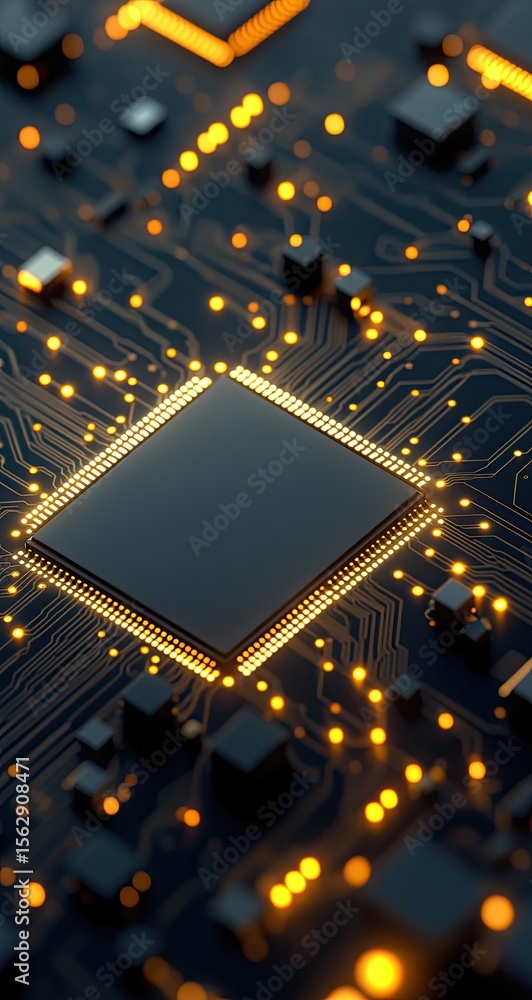 Aufkleber close-up of a circuit board with a central processor chip. illuminated gold traces highlight the int