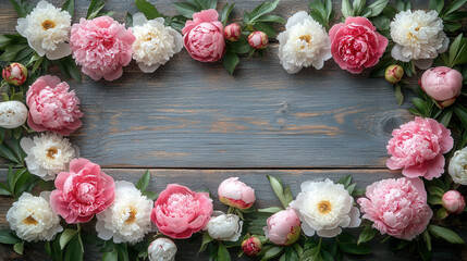 decorative floral banner with pink and white peonies on old grey wooden table, flat lay top view with empty space 