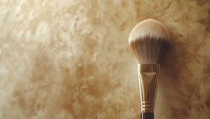 Close-up of a makeup brush on a textured, light beige surface.  The brush, with a fluffy, light-tan head, and a gold-toned handle, is positioned diagonally