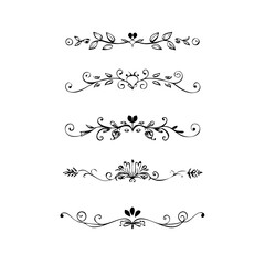 Text dividers doodle set.Wedding decorative elements. ornament, borders, floral, vintage line separators. Hand drawn vector illustration isolated on white background. Set page dividers.
