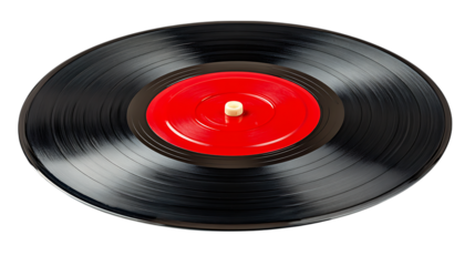 Close up of a vintage black vinyl record with a bright red center label and white spindle hole isolated on transparent background