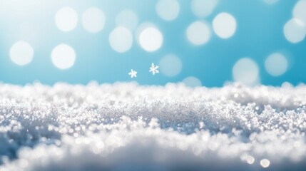 Winter wonderland scene with snowflakes falling on snow. Soft focus, bright, bokeh background.