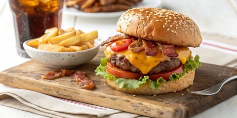 Juicy bacon cheeseburger with melted cheddar cheese and fresh lettuce and tomato