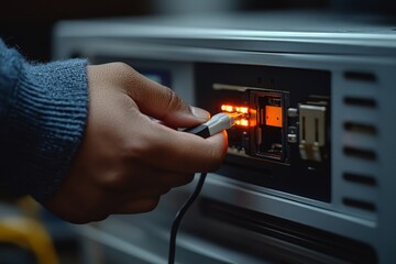 Close-up view of hands pulling out an electronic device plug after use, Generative AI