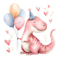 Pink toy dinosaur wearing festive party hat, gripping colorful balloons during birthday celebration
