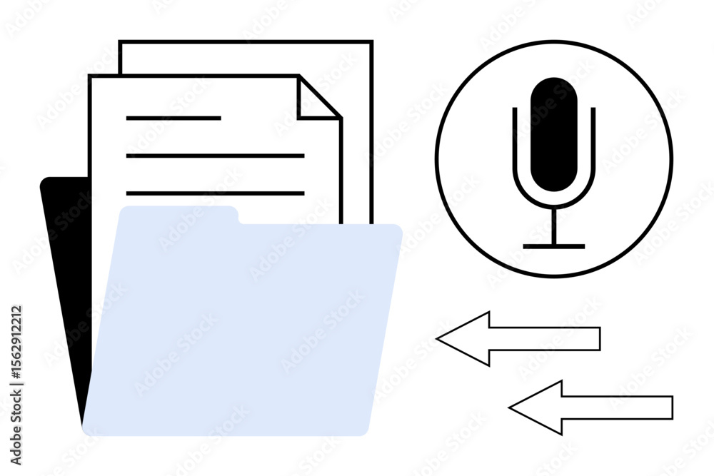 Poster document stack, folder icon, microphone, and arrows indicating data transfer and communication. idea