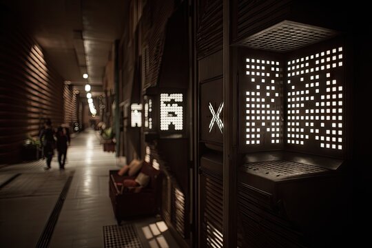 Dark, futuristic hallway with glowing panels