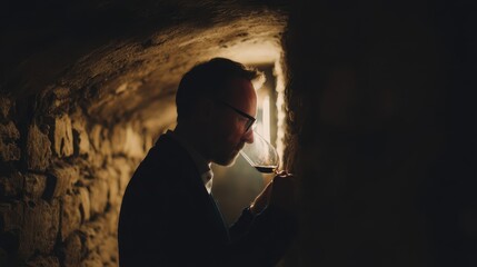 A person in a wine cellar tasting wine.