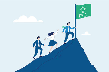 
Flat illustration of employees climbing mountain with green ESG lightbulb as corporate sustainability flag 