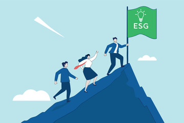 
Flat illustration of employees climbing mountain with green ESG lightbulb as corporate sustainability flag 