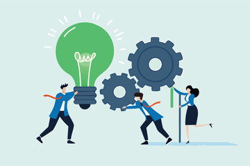 Flat illustration of employees turning giant green ESG lightbulb gear to drive corporate sustainability machine 