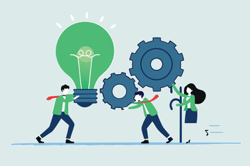 Flat illustration of employees turning giant green ESG lightbulb gear to drive corporate sustainability machine 
