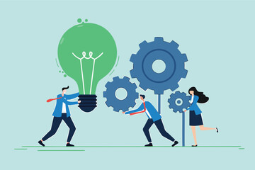 Flat illustration of employees turning giant green ESG lightbulb gear to drive corporate sustainability machine 