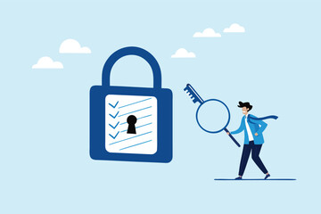 Flat illustration of businessman unlocking giant padlock made of checklist with magnifying glass key for quality control and approval verification 