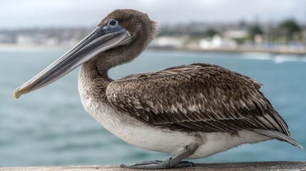Brown pelican by the ocean.
