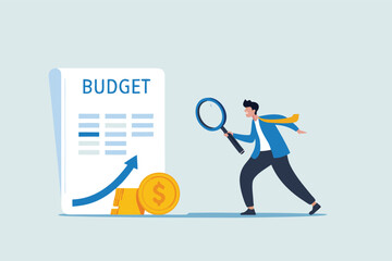 Flat illustration of businessman revealing hidden coins under budget sheet with magnifier light to uncover financial insights and spending analysis 