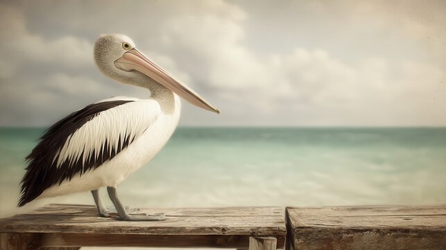 A pelican rests on a wooden dock, overlooking a tranquil ocean.