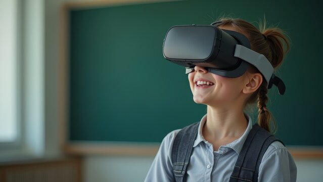 Smiling girl in virtual reality glasses sitting on the background of a blackboard