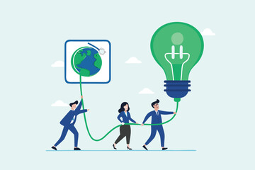 Flat illustration of employees plugging green ESG bulb into global socket representing clean energy collaboration 