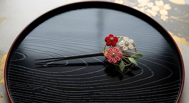 Traditional Japanese Kanzashi Hairpin with Tsumami Zaiku Fabric Flowers on Black Lacquer Tray isolated PNG with Transparent Background
