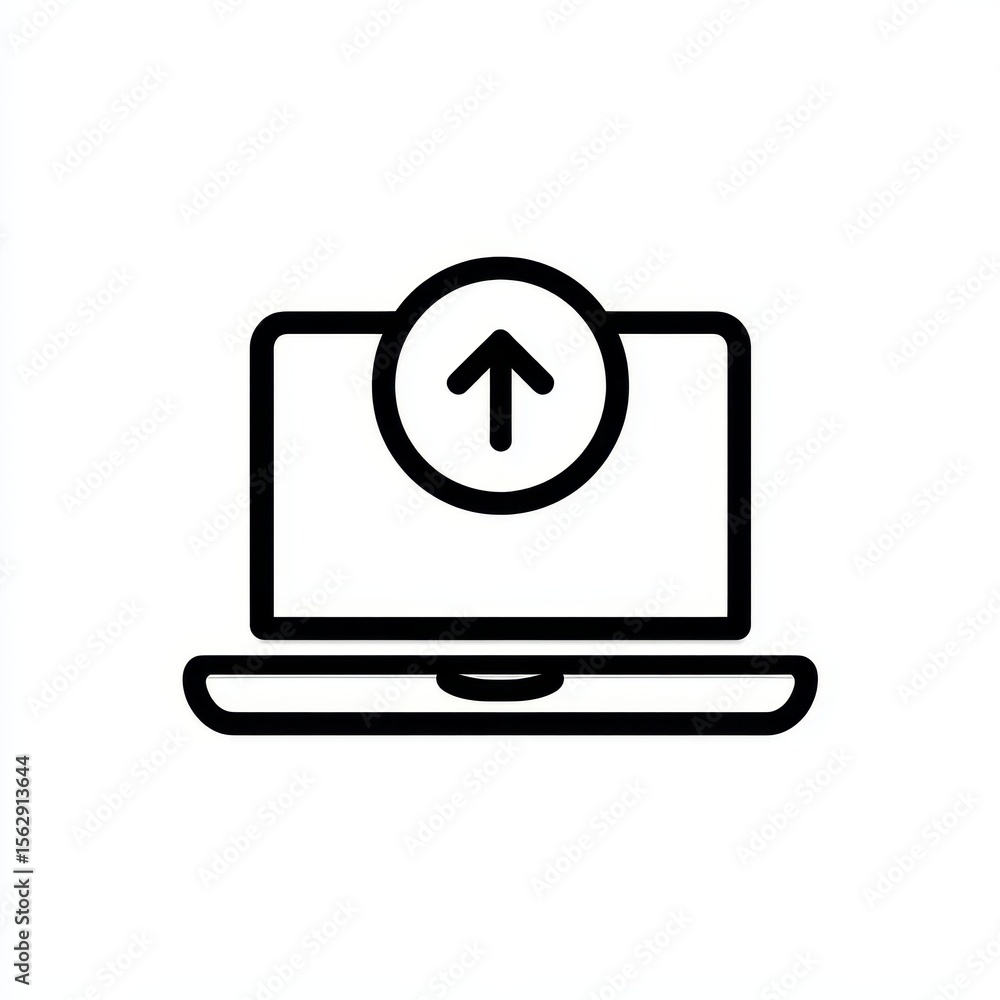 Poster laptop uploads with arrow. technology usage. white isolated background. stock use