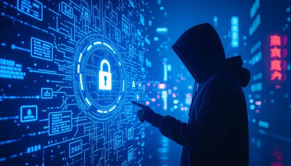 Hacker in cyberspace stealing password data during online bank attack
