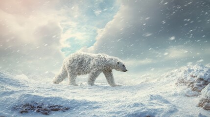 Polar bear walking across snowy terrain during a blizzard.