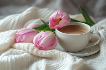 Bright pink tulips arranged alongside a white scarf and a steaming coffee cup on a cozy surface