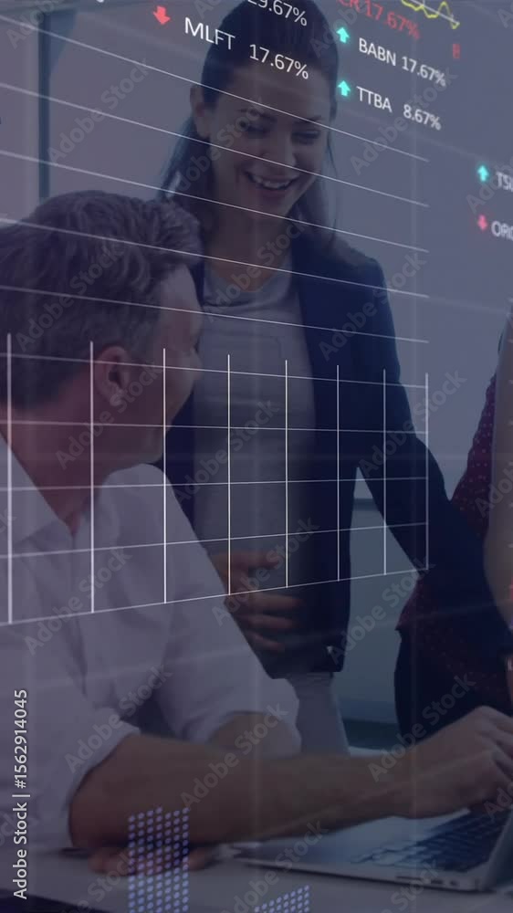 Poster animation of data processing and diagrams over diverse business people discussing work