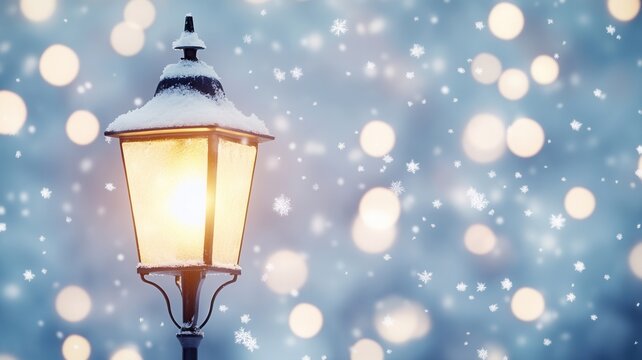 Snow covered street lamp glowing against a blurred purple background with bokeh lights, creating a magical winter atmosphere