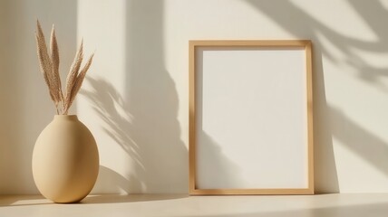 Wooden frame mockup leaning against white wall, complemented by pampas grass vase, casting soft shadows in minimalist interior design setting