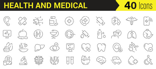 Forty linear icons representing health and medical themes in a sleek outline style, perfect for web and graphic design needs. Vector illustration.