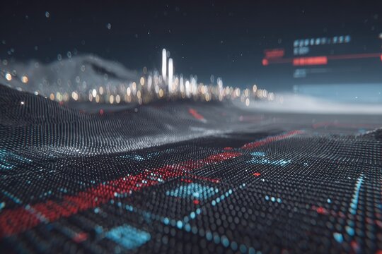 Abstract digital landscape with city skyline - Powered by Adobe