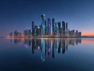 Fototapeta premium City skyline reflected in calm water at twilight (1)