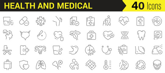Medical icon set showcases health related symbols and designs representing various aspects of healthcare treatments, and well being.