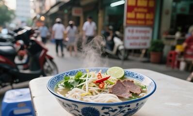Authentic Vietnamese pho dish captured at outdoor food stall with motorbikes and city vibe