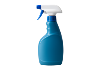 3D blue cleaning spray bottle with white nozzle isolated on transparent background
