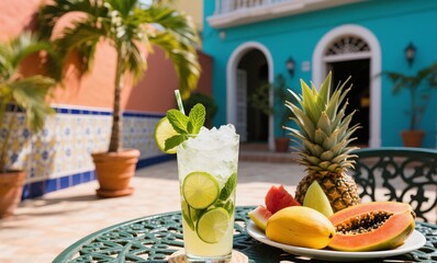 Refreshing mojito and sliced mango in vibrant outdoor setting with historic Cuba architecture