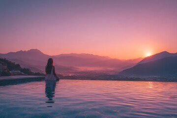Woman meditating by pool at sunrise