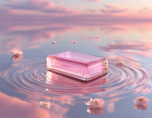 Transparent Bar of Soap on Water with Ripple Reflections / Minimalist Skincare Concept / Clean Beauty Aesthetic