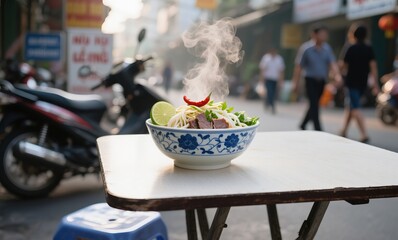 Traditional pho noodle soup in ceramic bowl with lime and chili at local eatery in Vietnam