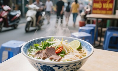 Vietnamese pho with herbs and beef served in Hanoi street stall with low table and bustling background