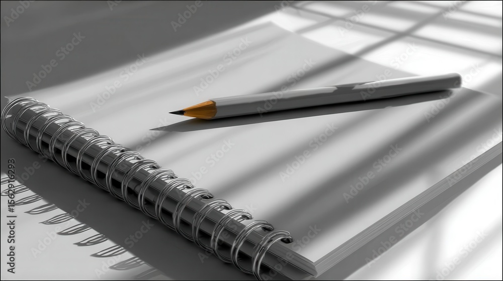 Poster a spiral-bound notebook with a pencil resting on top.