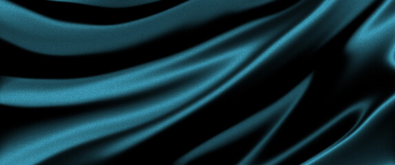 Dark teal flowing silk fabric texture background with soft light and shadow waves, ideal for luxury...