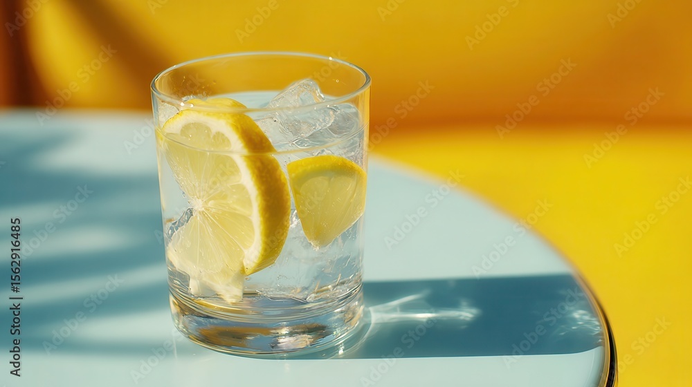 Poster refreshing water with lemon slice and ice cubes.
